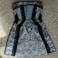 Black & Light Gray Strapless Dress With Lace Detailing. Boning In Lining Of Top & Lined Skirt Fitted Gray Mini Dress For Cocktail, Fitted Gray Mini Dress For Evening, Gray Fitted Mini Dress For Evening, Gray Fitted Mini Dress For Formal Occasions, Formal Fitted Gray Mini Dress, Formal Gray Fitted Mini Dress, Boning Dress, Lace Shirt Dress, Contrast Dress