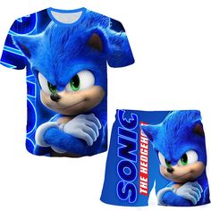 a blue t - shirt and shorts with an image of sonic the hedgehog