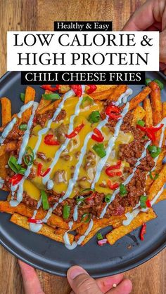 low calorie and high protein chili cheese fries on a plate with the title overlay