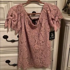 Mauve/Pink Lace Blouse. Miss Chievous Brand. Size Medium Feminine Pink Blouse For Night Out, Feminine Pink Lace Blouse, Feminine Purple Party Tops, Watermelon Shirt, Pink Lace Blouse, Crochet Trim Top, Floral Lace Tops, Mauve Pink, Bell Sleeve Blouse