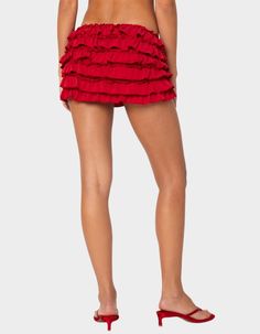 EDIKTED Constance Ruffled Mini Skirt - RED | Tillys Visionary Fashion, Flannel Sweatshirt, Ruffled Mini Skirt, Red Mini Skirt, Stretchy Skirt, Ruffle Design, Red Skirt, Swimwear Dress, Open Knit Sweater