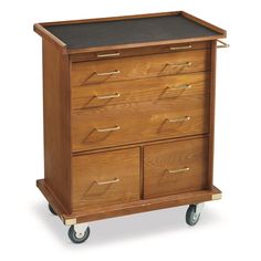 a wooden cabinet with four drawers on wheels