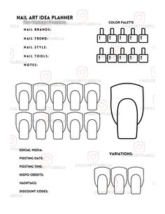 If you're a nail content creator, nail artist, nail technician, nail educator or a nail brand owner, these printable nail art sketchbook templates are perfect for you to practice your nail art designs or plan your nail designs for your brand collaborations or clientele. *THIS IS A DIGITAL DOWNLOAD OF A PDF DOCUMENT* includes 1 INDIVIDUAL nail sheet There are SEVEN nail shapes available on the store: - Round - Almond - Coffin - Stiletto - Oval - Square - Lipstick Also included on each printable sheet is useful information you may need as a content creator or nail artist when posting on social media as well as a color palette section for you to record the gel/nail colours you use in your nail design.  You can print and use as is or you can print and laminate them for easy clean up. Suggested Nail Planner Template, Nail Blank Template, Printable Nail Art Templates, Printable Nail Art Practice Sheet, Square Nail Art, Printable Nail Art, Shape Chart, Square Nail, Elegant Nail Art