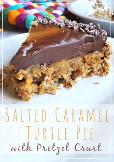 a slice of salted caramel turtle pie with pretzel crust