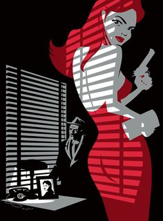 a woman in a red dress standing next to a window with shutters on it