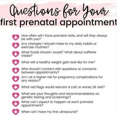 the questions for your first prenatal appointment are shown in pink and white text