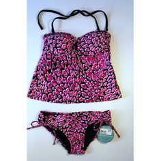 Tankini Bikini Swim Set Top & Bottom 2-Piece Pink Black Animal Print Halter Catalina Small New. Perfect For The Summer Beach Or Pool Party! Convertible Straps - Wear With Straps Or Wear Strapless. Small 4 - 6 String Side Tie Bikini Bottom. Feline Cat Exotic Print. New With Tags Removable Padding Teen Junior Beach Swimwear Activewear Sport Ocean Pool Vacation Kayak Lake Water Watersports Spring Waterfall Waterfalls Rafting Pond Canoe Travel Cruise Resort Staycation River Stream Water Beach Swimsu Pink Sleeveless Tankini For Swimming, Pink Beachwear Tankini For Swimming, Fitted Pink Tankini For Beach Season, Pink Sleeveless Tankini For Beach Party, Pink Tankini For Beach Party, Pink Beachwear Tankini For Party, Pink Stretch Tankini For Party, Pink Fitted Tankini For Beachwear, Pink Triangle Top Tankini For Party