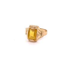 Vintage 1940's 10k yellow gold yellow stone ring. The ring size is a loose 9, and can be resized. The height of the ring off of the finger is 3.9mm. The width of the band is 3.7mm, and tapers down to 2.8mm. Estate Yellow Gold Rings For Collectors, Formal Yellow Birthstone Rings, Formal Yellow Rings With Birthstone, Estate Style 14k Gold Rings, Estate 14k Yellow Gold Rings, Estate Yellow Gold 14k Gold Rings, Yellow 14k Gold Rings With Gemstone, Vintage Hallmarked Yellow Gold Birthstone Ring, Vintage Yellow Gold Hallmarked Birthstone Ring