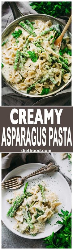 creamy asparagus pasta with parsley in a skillet and on a plate