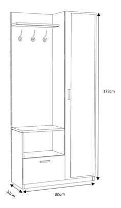 a drawing of a closet with an open door and two hooks on the doors, measurements