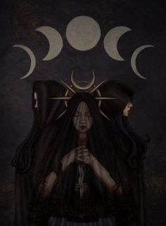 a woman standing in front of the moon with her hands clasped to her chest, wearing a black veil