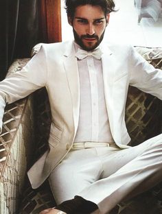 Look stunningly handsome in this light colored tan almost off white suit White Outfit For Men, All White Wedding, Suits Men, White Tuxedo, Outfits Hombre, Groom Looks