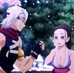 two anime characters standing next to each other in front of trees and pink flowers on the ground