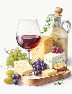 a glass of wine, cheese and grapes on a cutting board