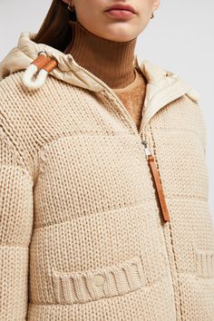 Crafted from chunky knit wool, this cardigan is featured in a hooded, zip-up silhouette. Easily doubling as outerwear when the weather permits, the heavy knit is enriched with warm down. Personalized Jacket, Warm Down, Cardigan Shirt, Heavy Knit, Outerwear Outfit, Dress With Cardigan, Ski Jacket, Lightweight Jacket, Light Beige