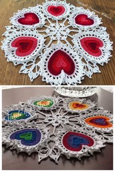 crocheted doily with hearts on it and another photo of the doily