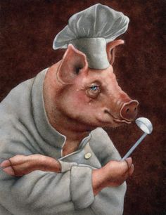 a painting of a pig with a chef's hat and spoon in his hand