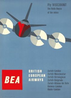 an advertisement for the british european airways featuring a propeller plane flying through the blue sky