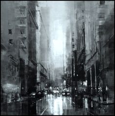 black and white painting of city street with cars