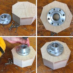 four pictures showing how to make a wooden base with metal flanges and screws