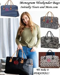 MONOGRAM WEEKENDER TRAVEL BAG  Choose from Cheetah, Navy Stripe, Black, Black Spotted and Camo This terrific overnight bag can be used in a variety of functions from overnight stays to carry-on luggage to an everyday handbag if one so desires. The solid color print is highlighted by a gorgeous faux leather trim that really gives this bag an elegant touch. The durable polyester nylon construction is both tough and easy on the eyes! Inside, you'll find plenty of room for all your overnight needs. Personalized Travel Bag, Side Road, Everyday Handbag, Weekend Travel Bags, Weekend Travel, Etsy Bridesmaid Gifts, Leather Accents, Girls Weekend, Overnight Bag