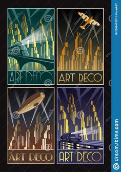 four art deco posters with city skylines and planes in the background stock photo - image