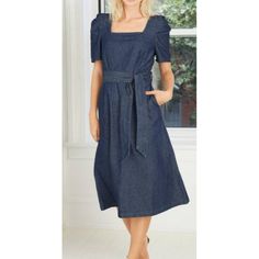 Who What Wear Women's Puff Short Sleeve Belted Denim Dress Blue Size Xs B523afa Chic Blue Denim Dress With Square Neck, Square Neck Denim Dress, Fitted Blue Denim Dress With Square Neck, Square Neck Medium Wash Denim Dress, Indigo Knee-length Denim Dress With Relaxed Fit, Indigo Knee-length Relaxed Fit Denim Dress, Indigo Relaxed Fit Knee-length Denim Dress, Medium Wash Denim Dress With Square Neck, Casual Denim Dresses With Square Neck