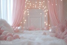 a room with pink and white decorations on the walls, lights in the background and fluffy fur