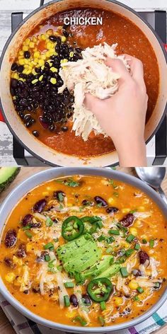 two pictures showing different types of food being cooked in the same skillet, one with black beans and corn