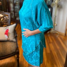 Former Upscale Boutique Owner Offering Carol Peretz Turquoise French Silk Jacquard 2pctunic Top Has Dolman Long Sleeves Whose Seams Are Silver “Beaded Whip-Stitched” As Well As The Tunic Hem And Pull-On Slim Skirt Hem Such An Impressive But Subtle Detailsleeves Push Up For Ease And Inverted Back Pleat Creates A Floaty Appearance From The Back..Perfect For “Mother Of Bride/Groom” Or For Wanting To Be Comfortable At That Cocktail Party!! Gorgeous Vintage Piece From The 80’s Never Worn Only Admired Turquoise Long Sleeve Festive Dress, Festive Turquoise Long Sleeve Dress, Elegant Turquoise Festive Set, Blue Silk Evening Set, Turquoise Silk Dress For Spring, Blue Silk Evening Sets, Long Sleeve Navy Dress, Wear Black Dresses, Sweetheart Neckline Dress