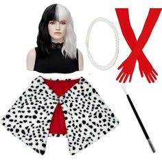 a woman with white hair wearing a dalmatian print skirt and red scarf next to a pair of scissors