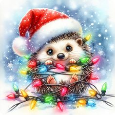 a hedgehog in a christmas hat is surrounded by lights