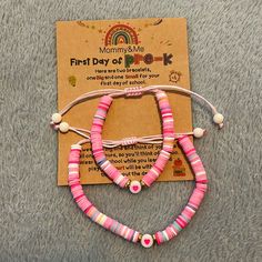 Adjustable Bracelet Set With First Day Of Pre-K Card! One Larger Bracelet For Mom, And A Smaller Bracelet For The New Student! Bracelets Are Very Colorful With Heart Beads At The Center. Brand New! Never Worn! Personalized Pink Bracelets For School, Adjustable Pink Stretch Bracelet For Valentine's Day, Mommy And Me Bracelets For School, First Day Of School Bracelet, Pink Hand-strung Stretch Bracelet For Beach, First Day Of Pre K, Valentine's Day Heart-shaped Stretch Bracelet With Colorful Beads, Bracelet For Mom, New Student