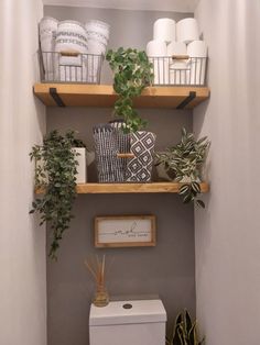 a bathroom with two shelves above the toilet and some plants on top of the shelf