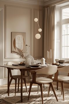 a dining room table with chairs and plates on it