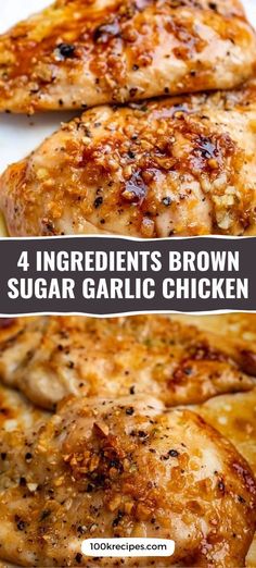 four ingredient brown sugar garlic chicken on a white plate with text overlay that reads, 4 ingredients brown sugar garlic chicken