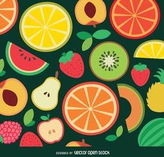 an assortment of different fruits on a green background