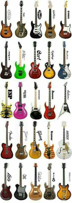 a group of guitars that are all different colors