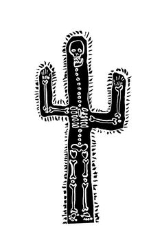 a black and white drawing of a cactus with skulls on it's back legs