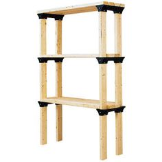 a wooden shelving unit with three black shelves