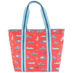 a red tote bag with cars and surfboards on the front, blue trim