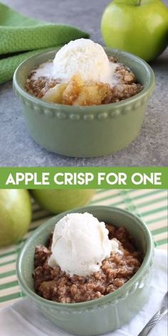 an apple crisp for one in a green bowl