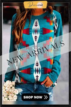 Vintage Ethnic Printed Long Sleeve Top Bohemian Printed Tops For Winter, Bohemian Printed Winter Tops, Bohemian Patterned Tops For Winter, Multicolor Geometric Pattern Top For Fall, Fall Multicolor Geometric Pattern Top, Bohemian Multicolor Winter Tops, Green Bohemian Winter Tops, Bohemian Winter Tops With Graphic Print, Colorful Pattern Tops For Fall