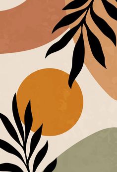 an abstract painting with leaves and oranges in the background on a beige, green, pink, yellow and white wallpaper