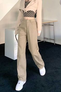 High Waist Loose Khaki Jeans Pants – Tomscloth Pinterest Style, Khaki Jeans, Nice Outfits, Photo Reference, Pants Outfit, Tank Dress, High Waisted Pants, Workout Pants, Sequin Dress