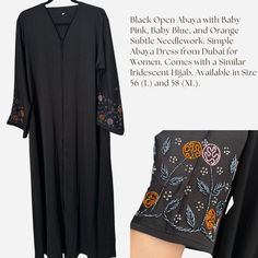 Black Open Abaya With Baby Pink, Baby Blue, And Orange Subtle Needlework. Simple Abaya Dress From Dubai For Women. Comes With A Similar Iridescent Hijab. Available In Size 56 (L) And 58 (Xl) Fitted Embroidered Black Abaya, Fitted Black Abaya For Eid, Fitted Traditional Black Abaya, Fitted Black Thobe For Eid, Black Open Abaya, Simple Abaya, Simple Dress Casual, Open Abaya, Abaya Dress