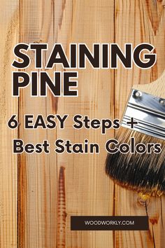 a paint brush with the words staining pine 6 easy steps and best stain colors