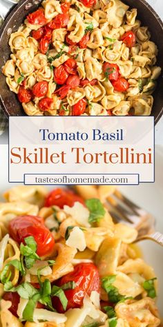 tomato basil skillet tortelli in a pan with the title above it and an image