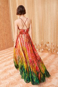 Shara Hughes, Nyc Boutiques, Gown Red, Yellow Hues, Gathered Bodice, Silk Gown, Spring Summer 2024, Signature Print, Knit Sweatshirt