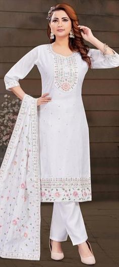 White and Off White color Salwar Kameez in Art Silk fabric with Embroidered, Sequence, Thread work Luxury White Cotton Salwar Kameez, Pashmina Suit, White Pashmina, Summer Suit, Summer Suits, Thread Work, Off White Color, Embroidered Silk, White Style